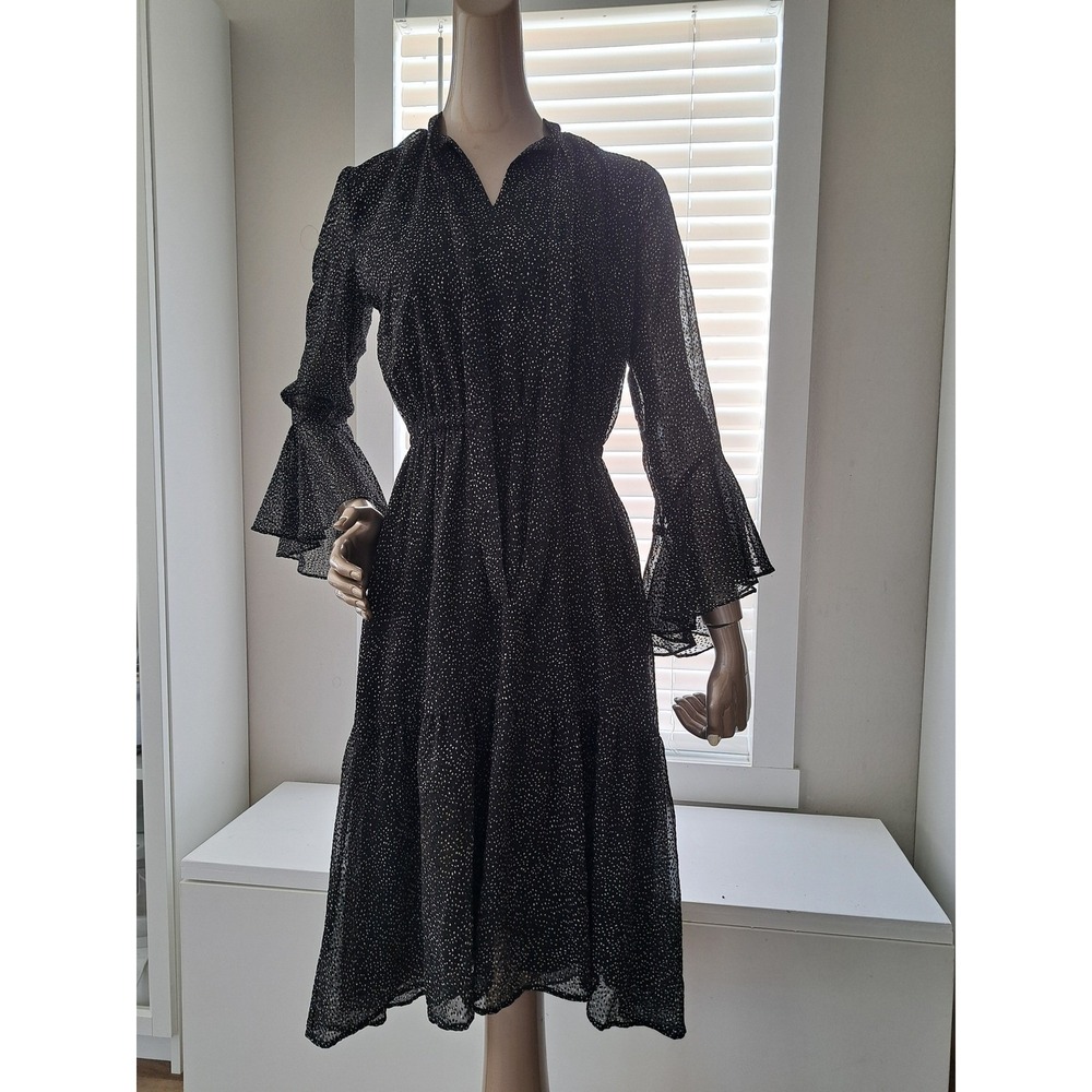 Donna Karan New York Black Polka Dot Tie Neck Bell Sleeve Midi Dress Size 4